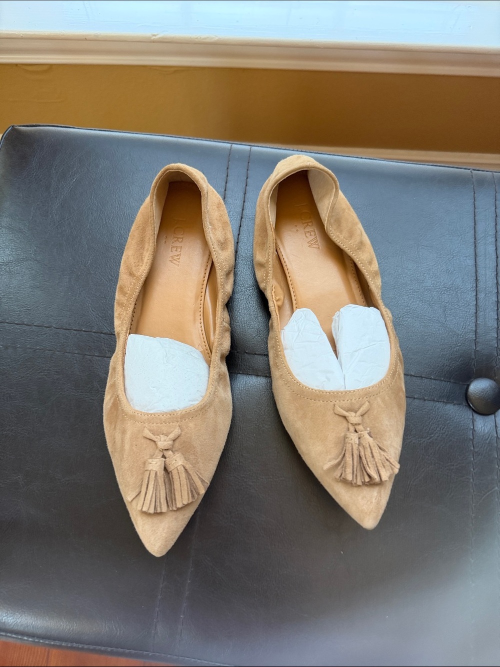 J. Crew Camel Suede Pointed Tassel Flats